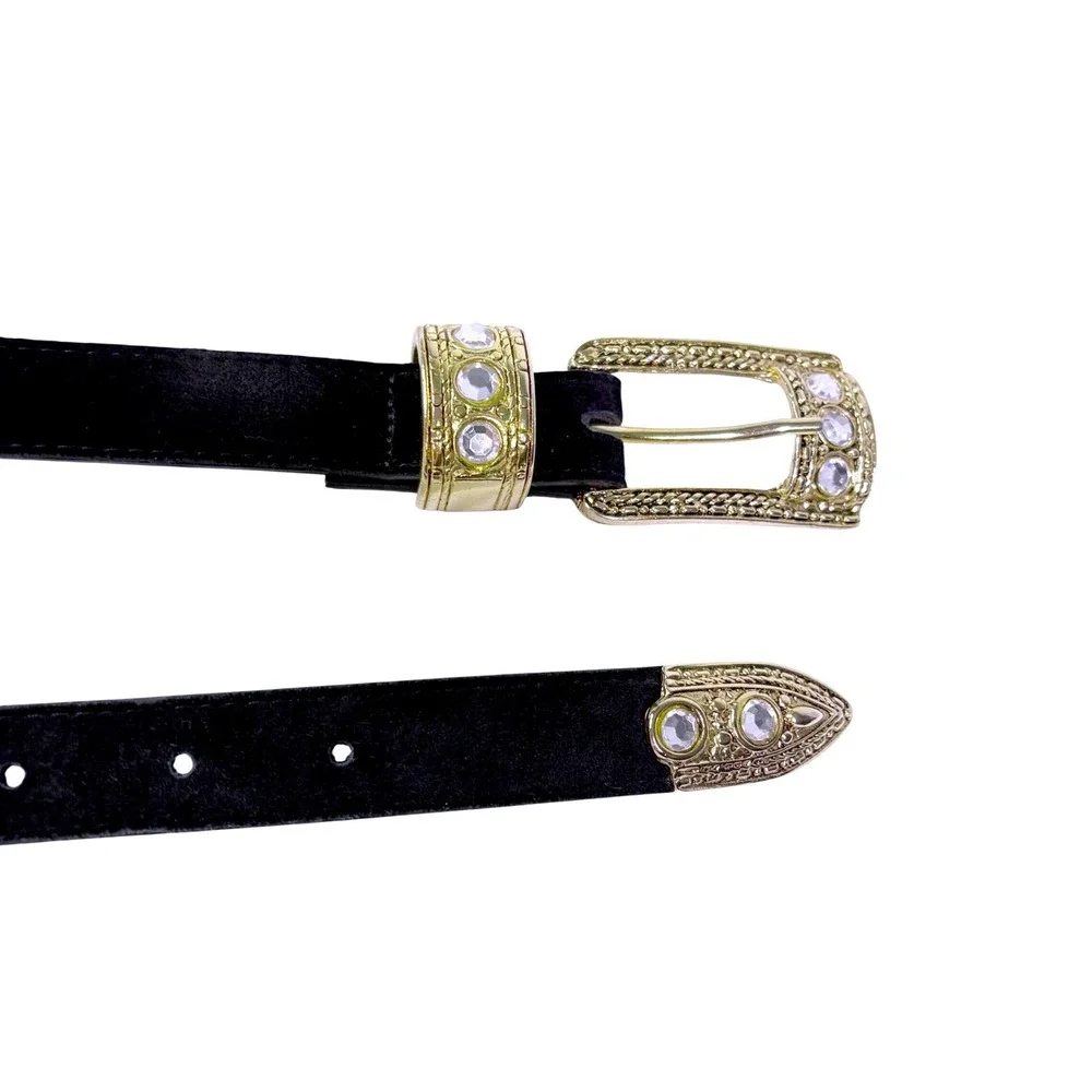 Western Belt Womens L 32 Black Rhinestone Gold Tone Suede Leather Cowgirl Vtg